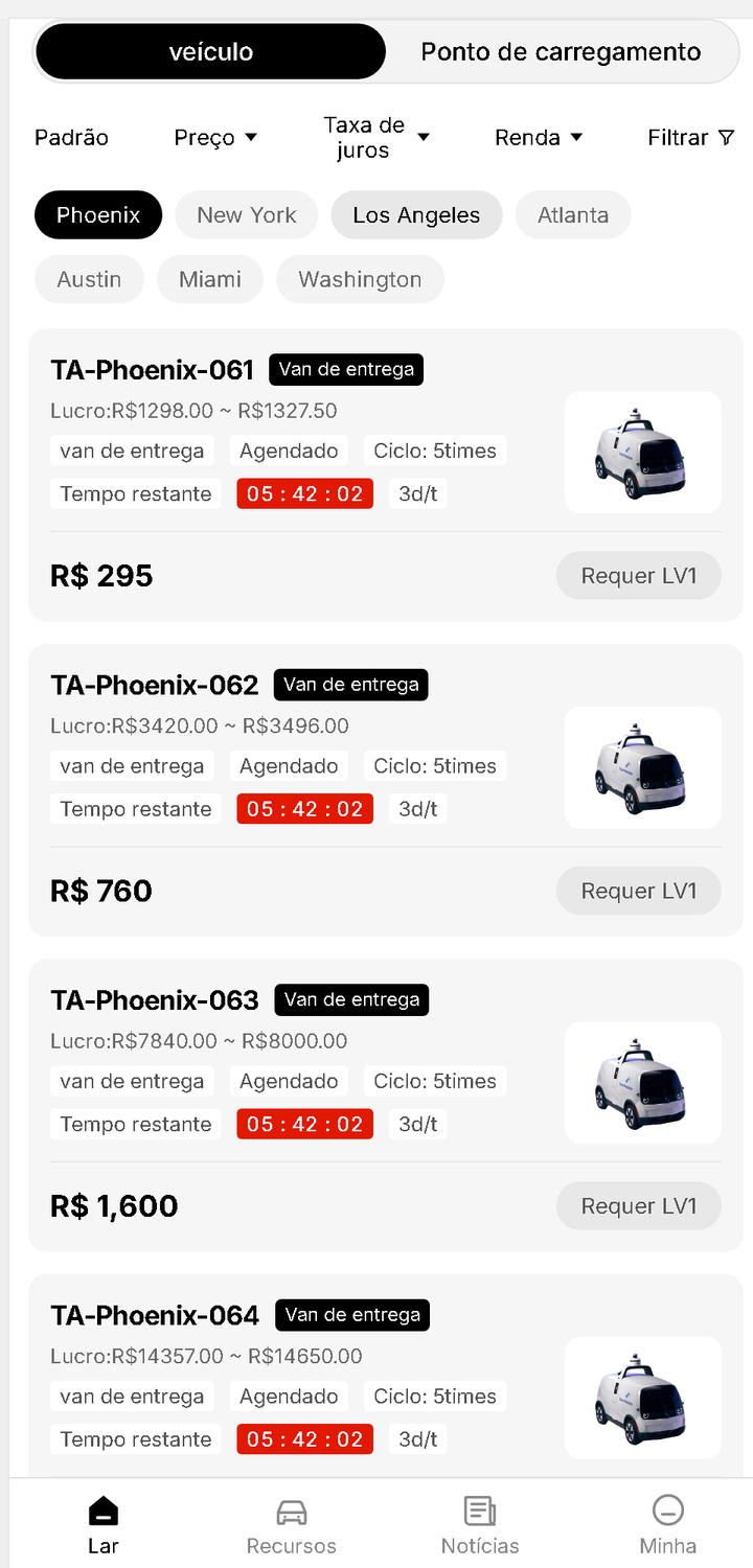 Tela inicial do app TaxiVeyo com veículos por cidade